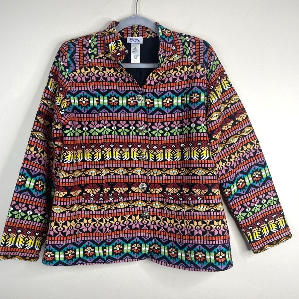 Vintage Aztec Southwest Embroidered Jacket 12 Colorful Indie Cowgirl Button Up
